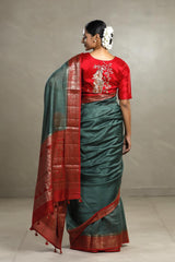 Bottle Green And Red Chanderi Silk Saree with Black Antique Zari Border