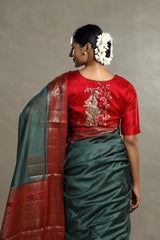 Bottle Green And Red Chanderi Silk Saree with Black Antique Zari Border