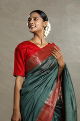 Bottle Green And Red Chanderi Silk Saree with Black Antique Zari Border