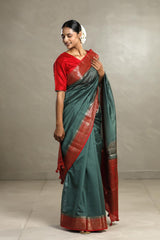 Bottle Green And Red Chanderi Silk Saree with Black Antique Zari Border