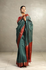 Bottle Green And Red Chanderi Silk Saree with Black Antique Zari Border