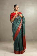 Bottle Green And Red Chanderi Silk Saree with Black Antique Zari Border