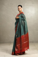 Bottle Green And Red Chanderi Silk Saree with Black Antique Zari Border