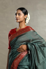 Bottle Green And Red Chanderi Silk Saree with Black Antique Zari Border