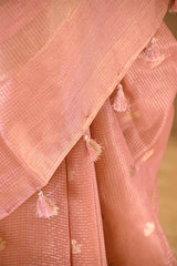 Dusty Peach Chanderi Silk Saree with Gold Zari Butis & Rich Pallu