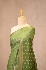 Olive Green Chanderi Silk Saree with Antique Zari Floral Buti & Woven Border