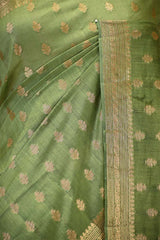Olive Green Chanderi Silk Saree with Antique Zari Floral Buti & Woven Border