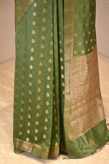 Olive Green Chanderi Silk Saree with Antique Zari Floral Buti & Woven Border