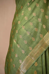 Olive Green Chanderi Silk Saree with Antique Zari Floral Buti & Woven Border