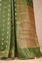 Olive Green Chanderi Silk Saree with Antique Zari Floral Buti & Woven Border