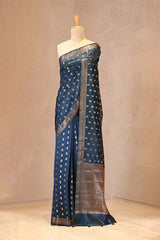 Classic Blue Chanderi Silk Saree with Antique Zari Floral Buti