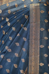 Classic Blue Chanderi Silk Saree with Antique Zari Floral Buti