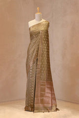 Tan Brown Chanderi Silk Saree with Antique Zari Floral Buti and Woven Border