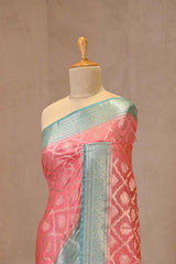 Pink and Blue Chanderi Silk Saree with Silver Zari Criss-Cross Jaal & Floral Border