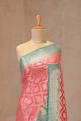 Pink and Blue Chanderi Silk Saree with Silver Zari Criss-Cross Jaal & Floral Border