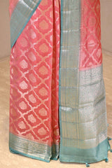 Pink and Blue Chanderi Silk Saree with Silver Zari Criss-Cross Jaal & Floral Border
