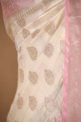 Off White and Pink Chanderi Silk Saree with Silver Zari Buta & Floral Border