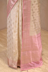 Off White and Pink Chanderi Silk Saree with Silver Zari Buta & Floral Border