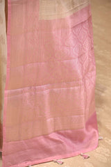 Off White and Pink Chanderi Silk Saree with Silver Zari Buta & Floral Border