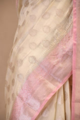 Off White and Pink Chanderi Silk Saree with Silver Zari Buta & Floral Border