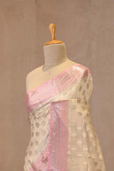Off White and Pink Chanderi Silk Saree with Silver Zari Buta & Floral Border
