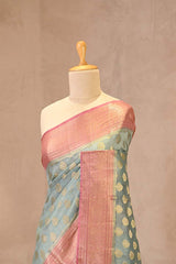 Steel Blue and Pink Chanderi Silk Saree with Gold Zari Floral Buta