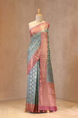 Steel blue and Pink Chanderi Silk Saree with Gold Zari Floral Buta and Woven Border