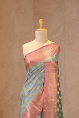Steel Blue and Pink Chanderi Silk Saree with Gold Zari Floral Buta