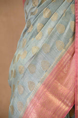 Steel Blue and Pink Chanderi Silk Saree with Gold Zari Floral Buta