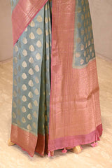 Steel Blue and Pink Chanderi Silk Saree with Gold Zari Floral Buta