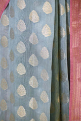 Steel Blue and Pink Chanderi Silk Saree with Gold Zari Floral Buta