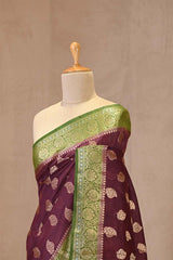 Wine And Green Chanderi Silk Saree with Gold Zari Floral Buta & Rich Woven Border