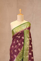 Wine And Green Chanderi Silk Saree with Gold Zari Floral Buta & Rich Woven Border