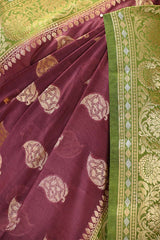 Wine And Green Chanderi Silk Saree with Gold Zari Floral Buta & Rich Woven Border