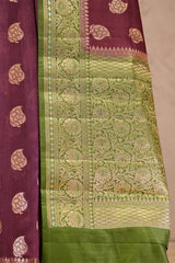 Wine And Green Chanderi Silk Saree with Gold Zari Floral Buta & Rich Woven Border
