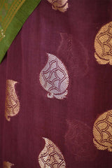 Wine And Green Chanderi Silk Saree with Gold Zari Floral Buta & Rich Woven Border