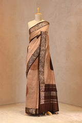 Brown Digital Printed Chanderi Silk Saree with Zari Checks & Floral Pallu