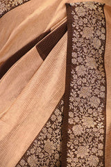 Brown Digital Printed Chanderi Silk Saree with Zari Checks & Floral Pallu