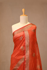 Rust Red Chanderi Silk Saree with Zari Meenakari Buta