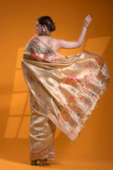 Light Yellow Dupion Silk Banarasi Saree with Pichwai Print