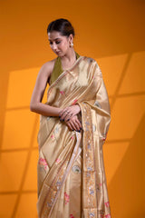 Light Yellow Dupion Silk Banarasi Saree with Pichwai Print