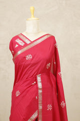 Red Banarasi Chiniya Silk Saree with Bandhani Print And Aari Work