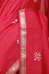 Red Banarasi Chiniya Silk Saree with Bandhani Print And Aari Work