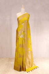 chiniya silk saree, yellow saree, banarasi saree, festive wear saree, wedding saree