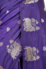 Navy Blue Banarasi Chiniya Silk Saree with Watergold Zari Work