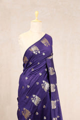 Navy Blue Banarasi Chiniya Silk Saree with Watergold Zari Work