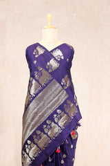Navy Blue Banarasi Chiniya Silk Saree with Watergold Zari Work