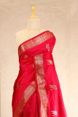 Red Dupion Silk Saree with Gold Zari Motifs
