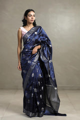 Navy Blue Dupion Silk Banarasi Saree with Floral Meenakari Motif