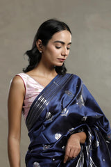 Navy Blue Dupion Silk Banarasi Saree with Floral Meenakari Motif